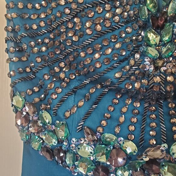 Sherri Hill Aqua Blue Glam Beaded Maxi Prom Formal Ball Gown Dress, Size 2 - Picture 4 of 7